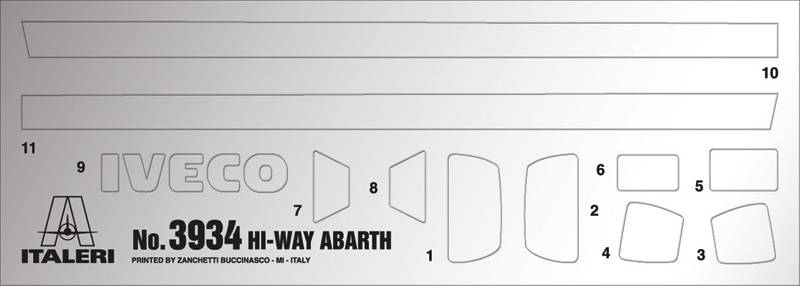 Arch samolepek pro model 'IVECO HI-WAY ABARTH' od Italeri. Obsahuje tvary a nápisy pro dekoraci modelu.
