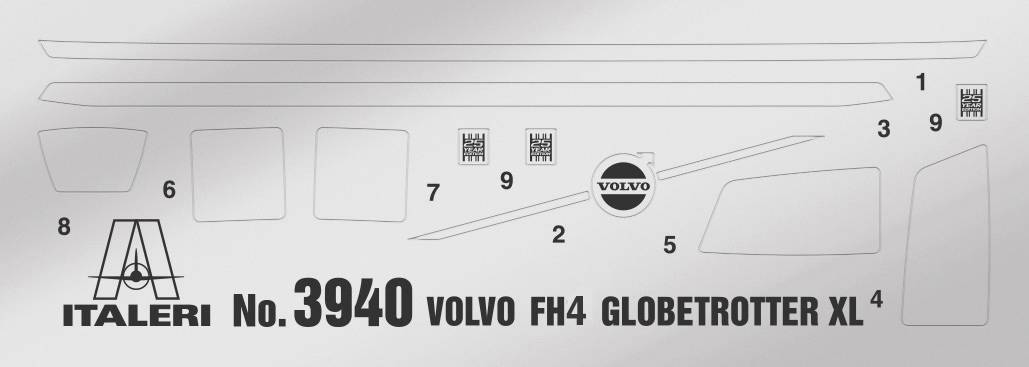 Šablona pro vyřezávání stavebnice modelu 'No. 3940 VOLVO FH4 GLOBETROTTER XL' od firmy Italeri, zobrazující různé tvarované díly.