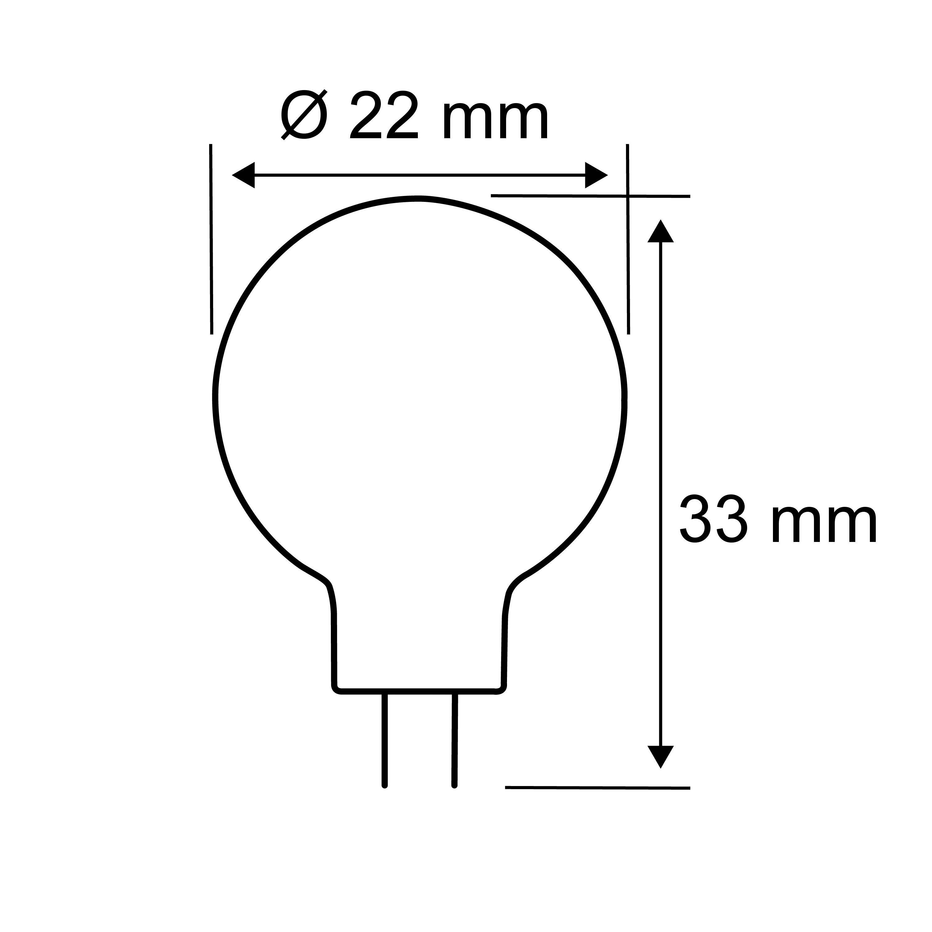 Schematický nákres žárovky s rozměry: průměr 22 mm, výška 33 mm.