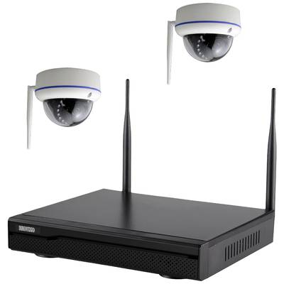 Černý router se dvěma anténami a dvěma kulatými bezpečnostními kamerami s bílými kryty namontovanými na stěně.