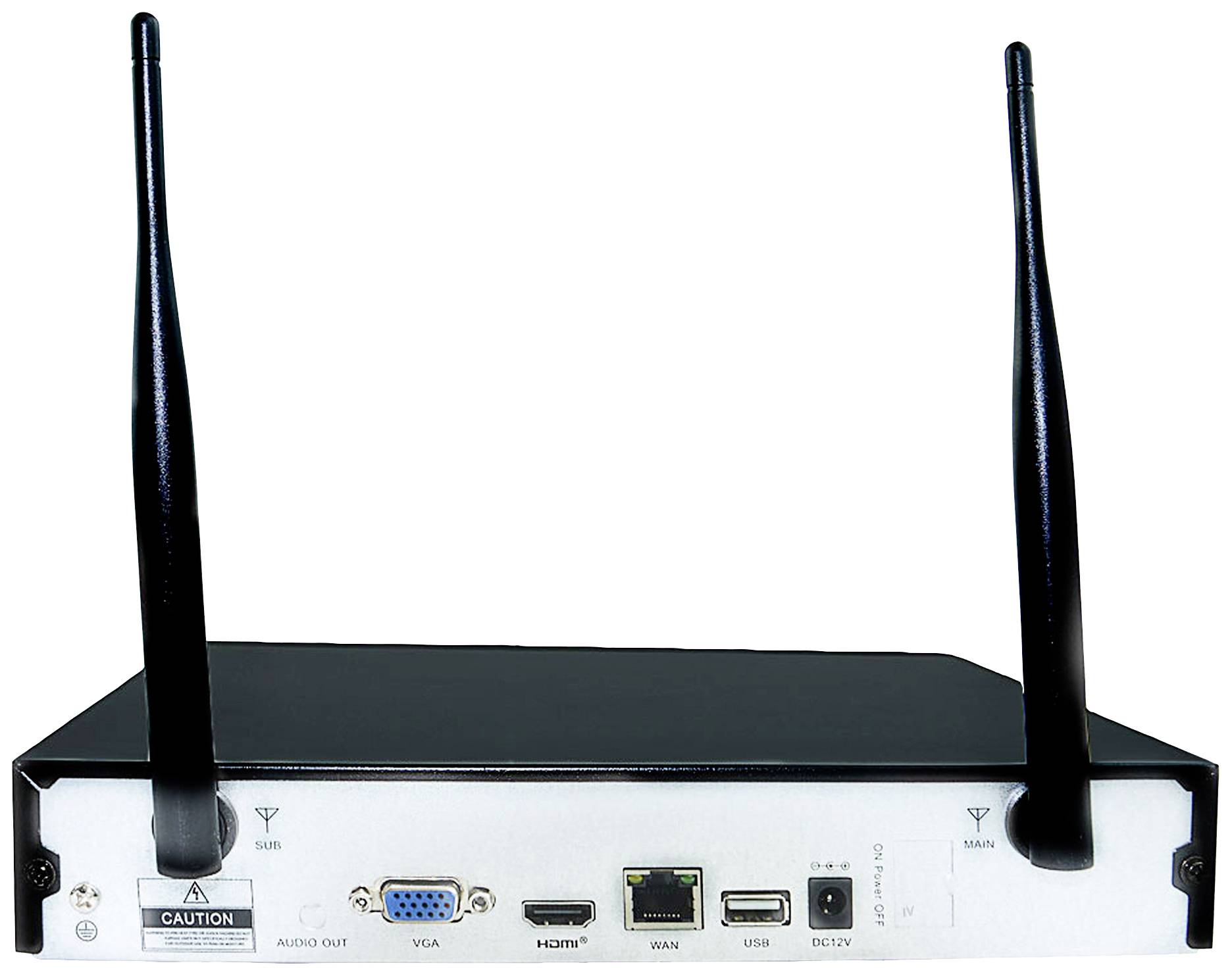 Router se dvěma anténami, zadní konektory: audio, VGA, HDMI, WAN, USB, napájení.