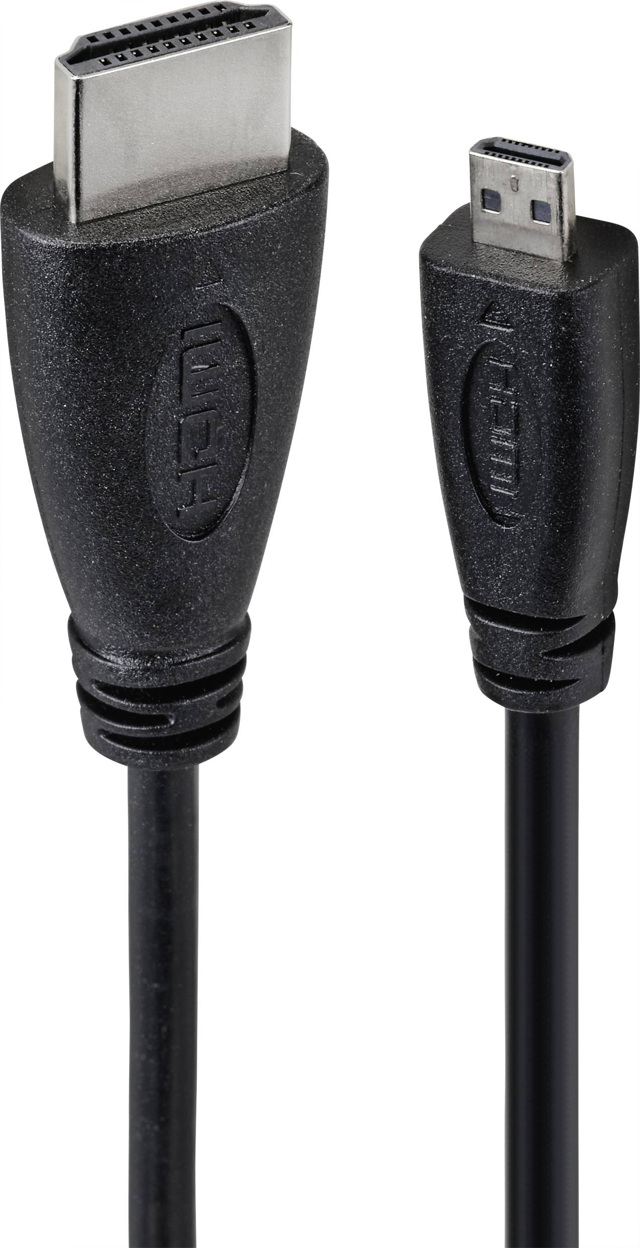 HDMI kabel se standardním HDMI konektorem na levé straně a micro HDMI konektorem na straně pravé.