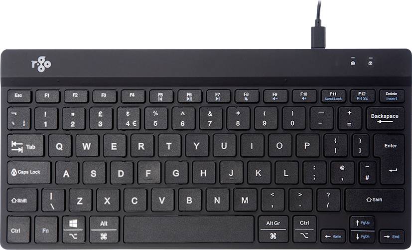 Černá počítačová klávesnice s rozložením QWERTZ zobrazuje funkční, navigační a ovládací klávesy. Nahoře je připojen USB kabel.