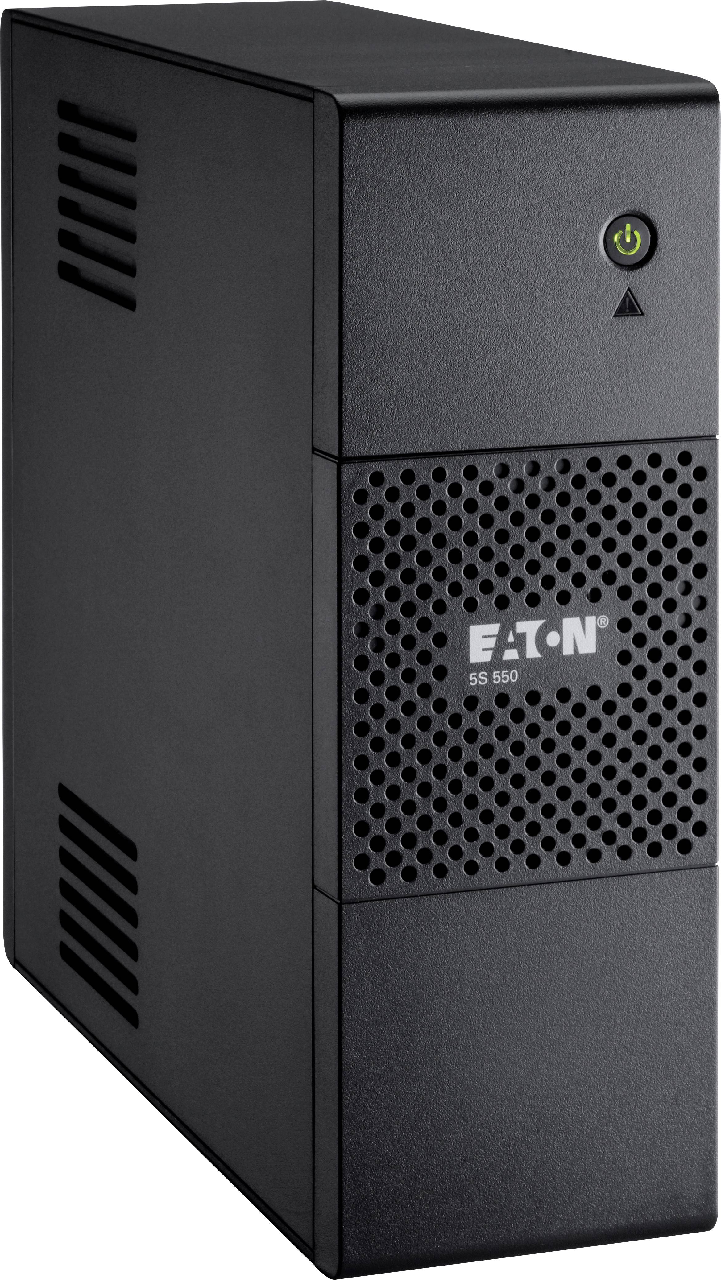 Černé zařízení UPS (nepřerušovaného napájení) Eaton SS 650 s logem vpředu. Při výpadku elektřiny přepíná zařízení na baterii.