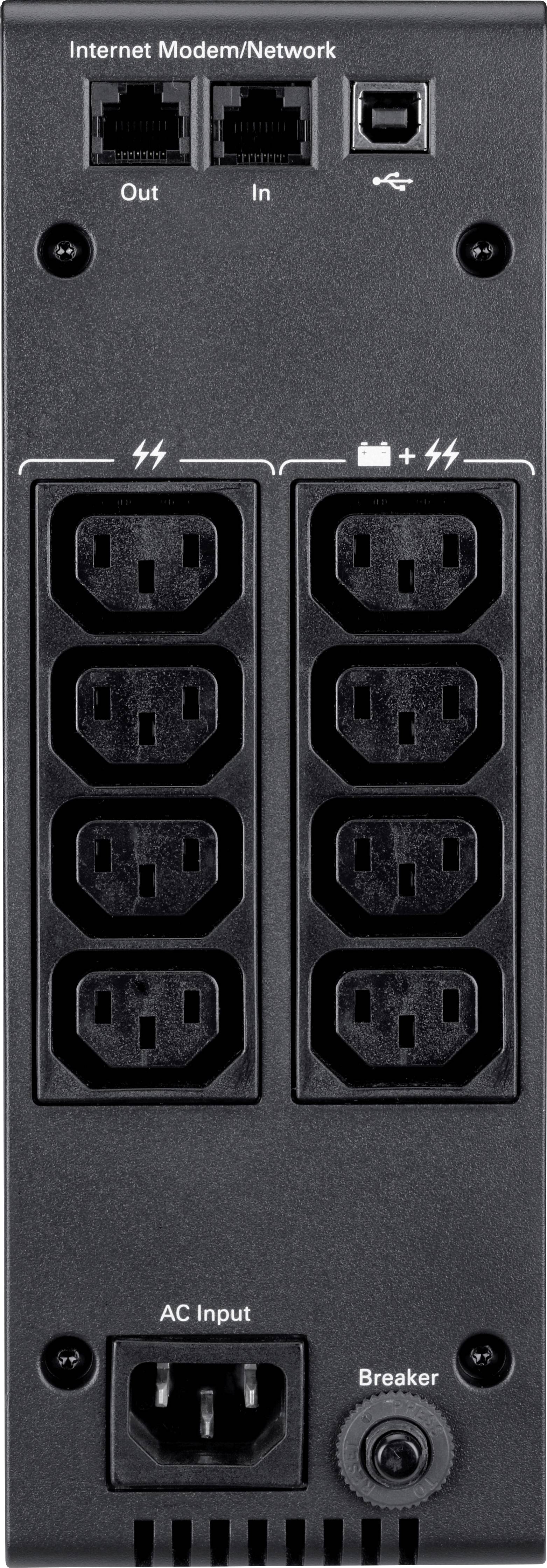 'Zadní strana záložního zdroje UPS s přípojkami pro internetový modem/síť, několika elektrickými zásuvkami a vstupem střídavého proudu s ochranou proti přepětí.'