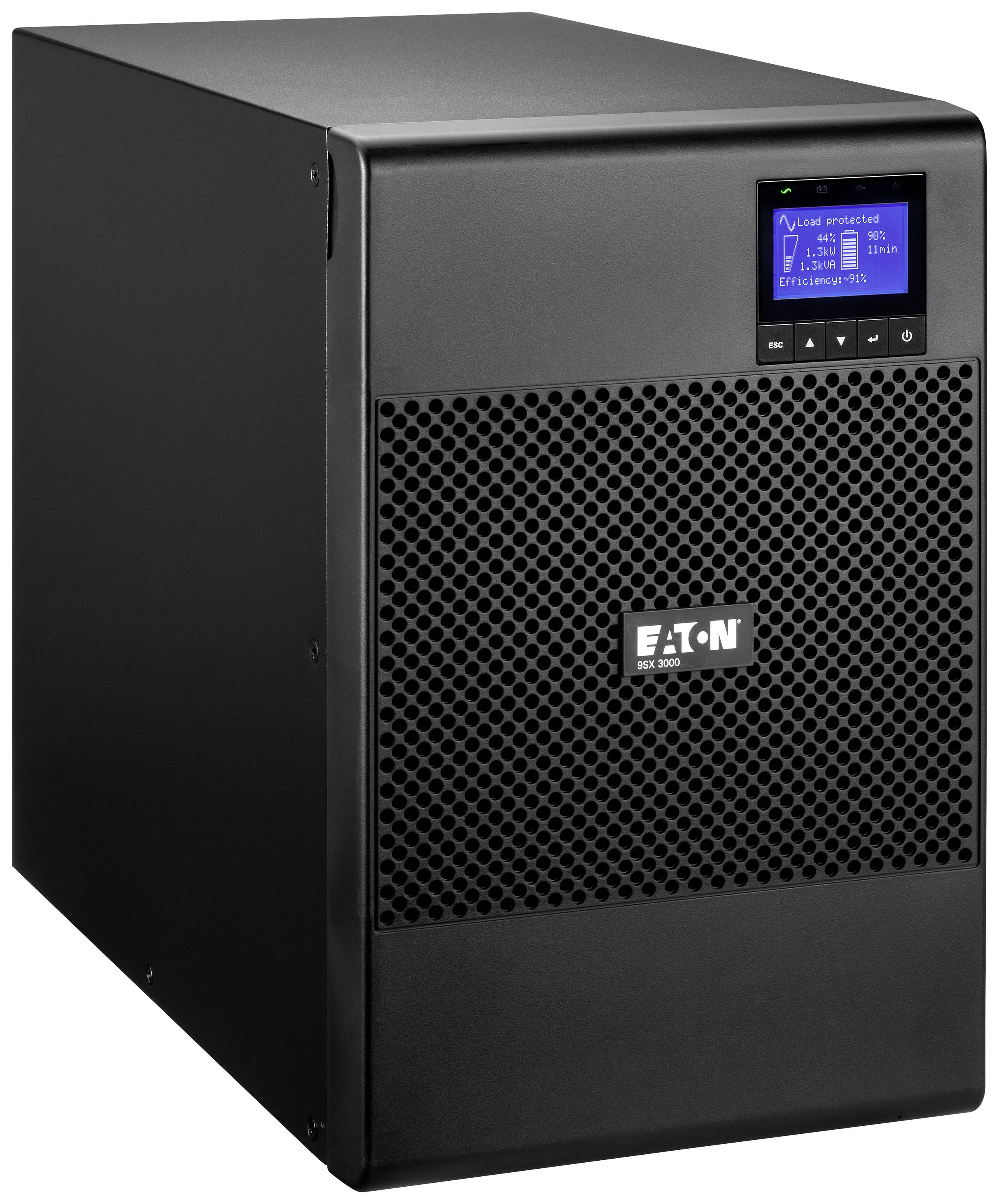 Černý nepřerušovaný napájecí systém (UPS) od společnosti Eaton s LED displejem zobrazujícím stavové informace.