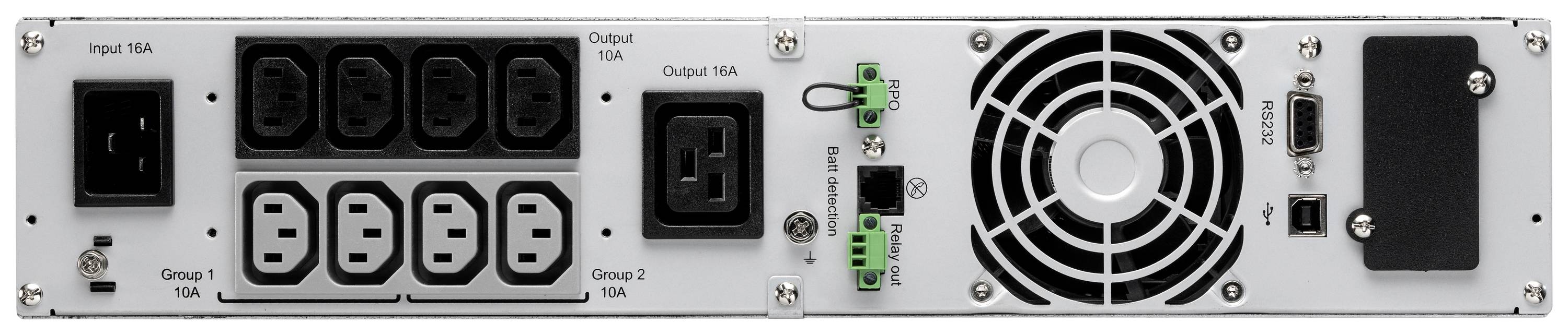 Zadní strana elektrického rozvaděče s několika vstupními a výstupními konektory, ventilátory a spínači, vhodná pro serverová zařízení.