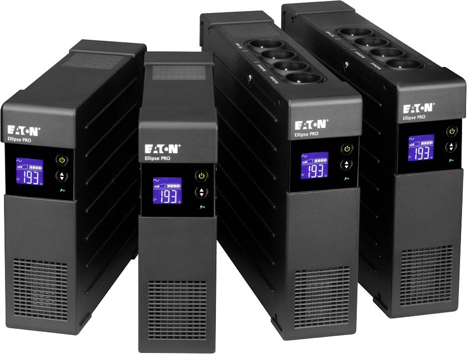 Čtyři černé záložní napájecí zdroje (UPS) značky Eaton, model Ellipse PRO, s digitálními displeji zobrazujícími hodnotu '19.3'.