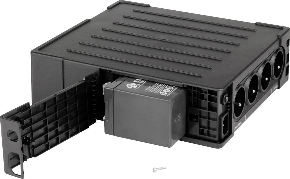 Černé, obdélníkové elektrické zařízení s několika zásuvkami a odnímatelnou baterií na straně.