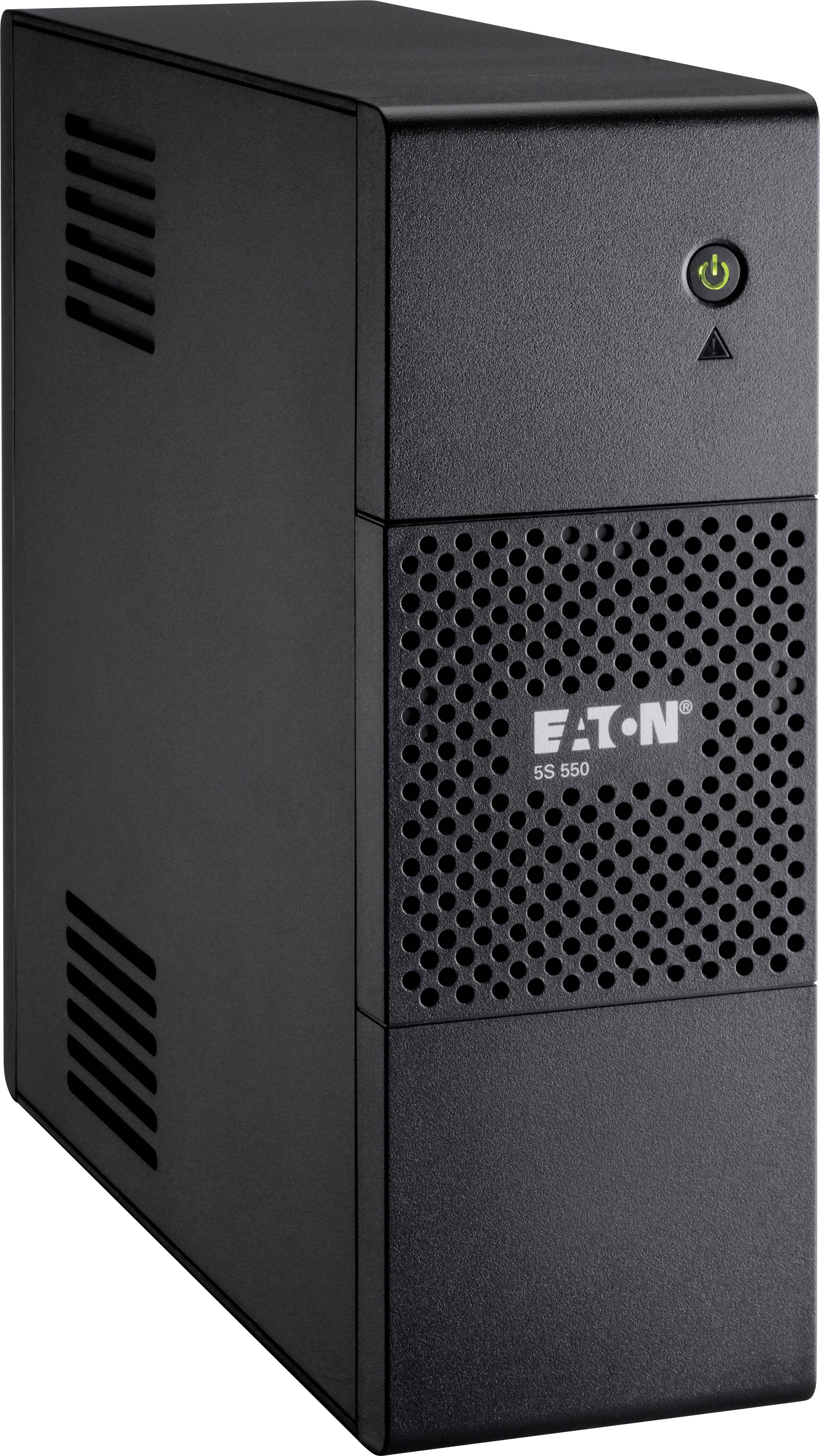 Černé zálohové napájecí zařízení (UPS) Eaton SS 650, ve svislé poloze, s větracími otvory a zeleným vypínačem umístěným nahoře vpravo.