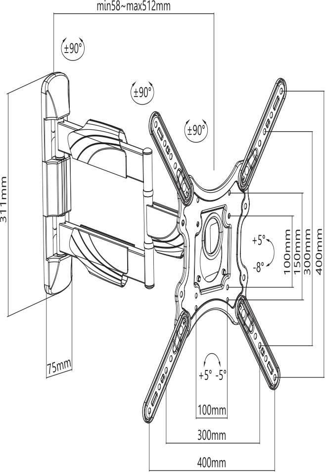 Nástěnný držák na televizi, nastavitelný: výška od 100 mm do 400 mm, náklon ±5°, úhel otočení ±90°, hloubka min. 58 mm až max. 512 mm.