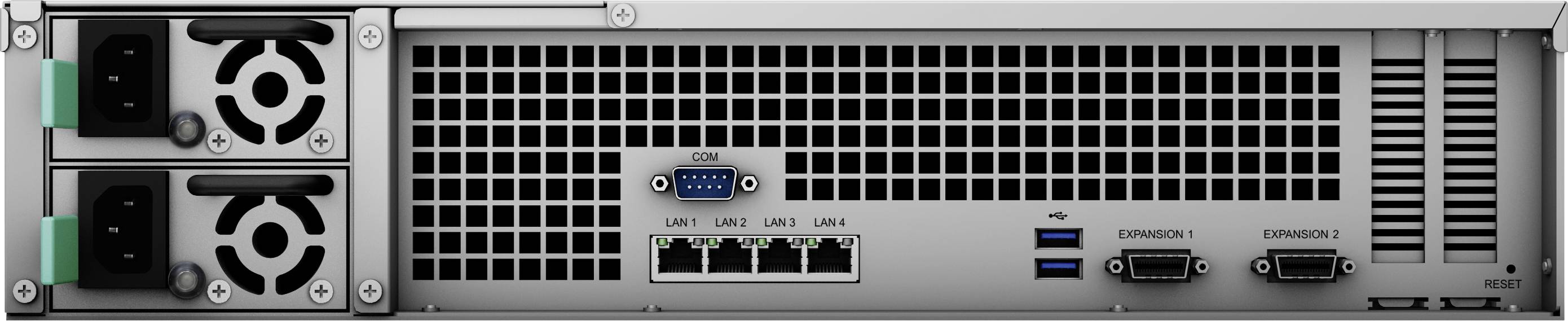 Zadní strana počítačového serveru s ventilátory, několika LAN porty, USB porty a COM portem.