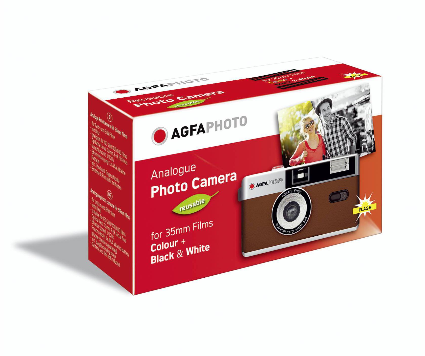Obal analogového fotoaparátu značky AGFA, vhodného pro barevné i černobílé 35mm filmy. Obrázek zobrazuje fotoaparát a fotografii.