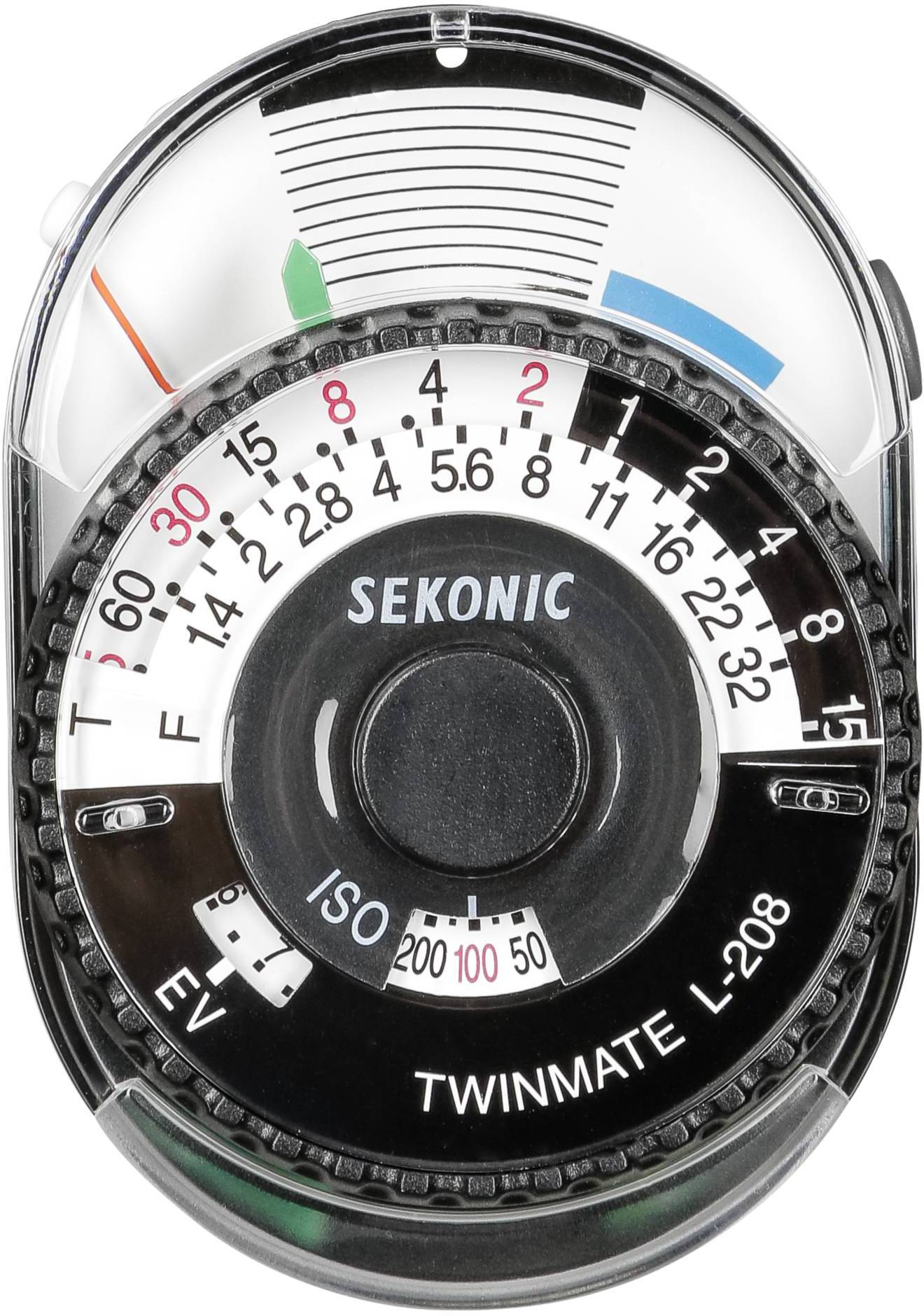 Ruční expozimetr, model 'Twinmate L-208' od Sekonicu, s měřítky pro clonu, čas a hodnoty ISO, určený k určení optimální expozice.