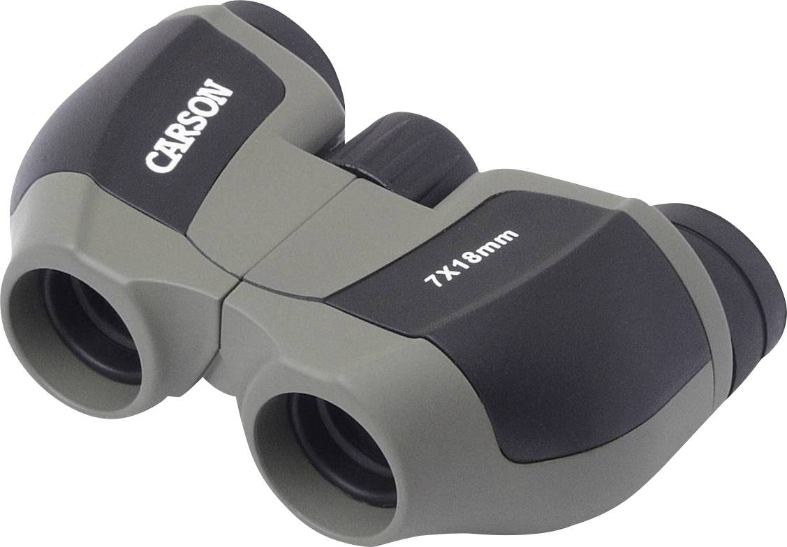 Šedý a černý dalekohled s nápisem "7x18mm" na jednom z okulárů.