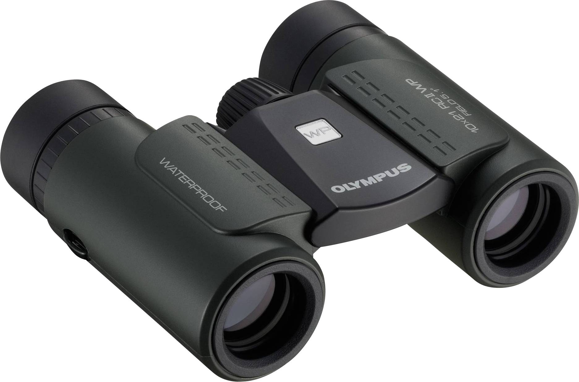 Dalekohled s černým a šedým tělem. Označení 'VODOTĚSNÝ' a 'OLYMPUS'. Vhodný pro outdoorové aktivity.