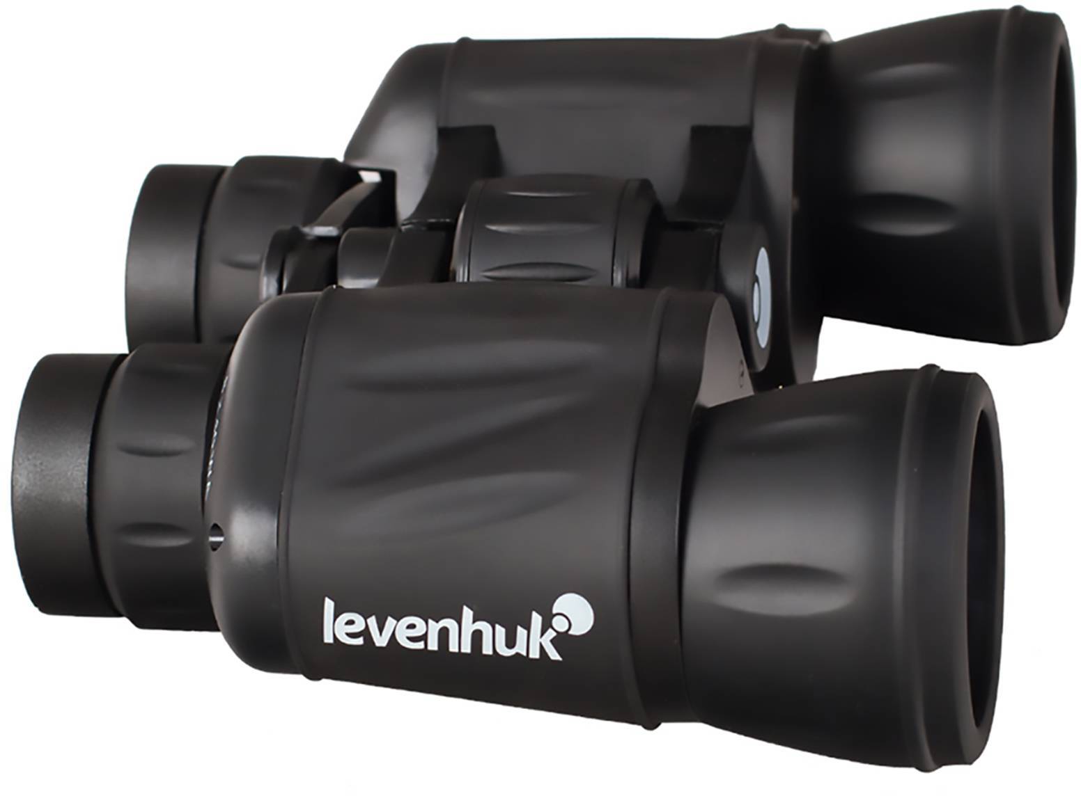 Černý dalekohled s nápisem 'levenhuk' na straně, vykazuje robustní design, vhodný pro outdoorové aktivity nebo pozorování ptáků.