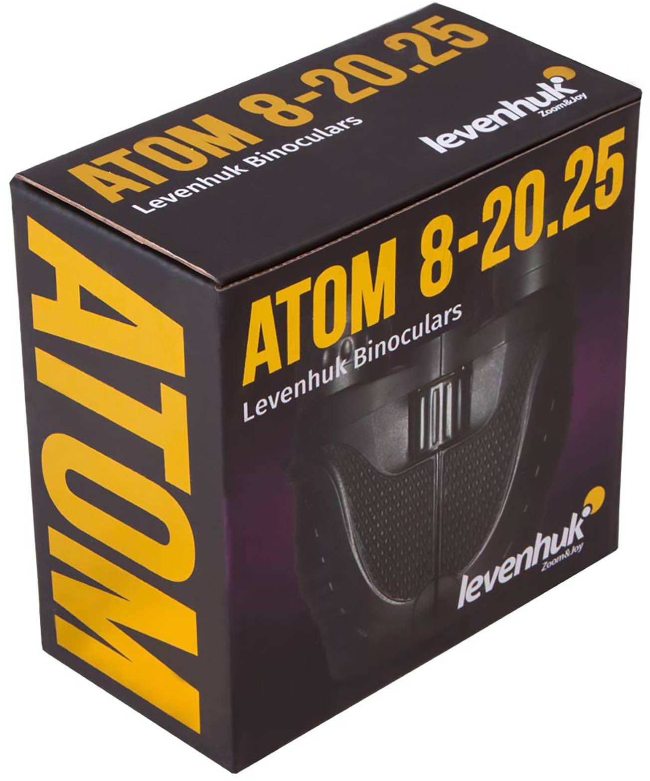 Obal dalekohledu Levenhuk ATOM 8-20x25 zobrazuje vlastnosti produktu a logo značky na černé krabičce.