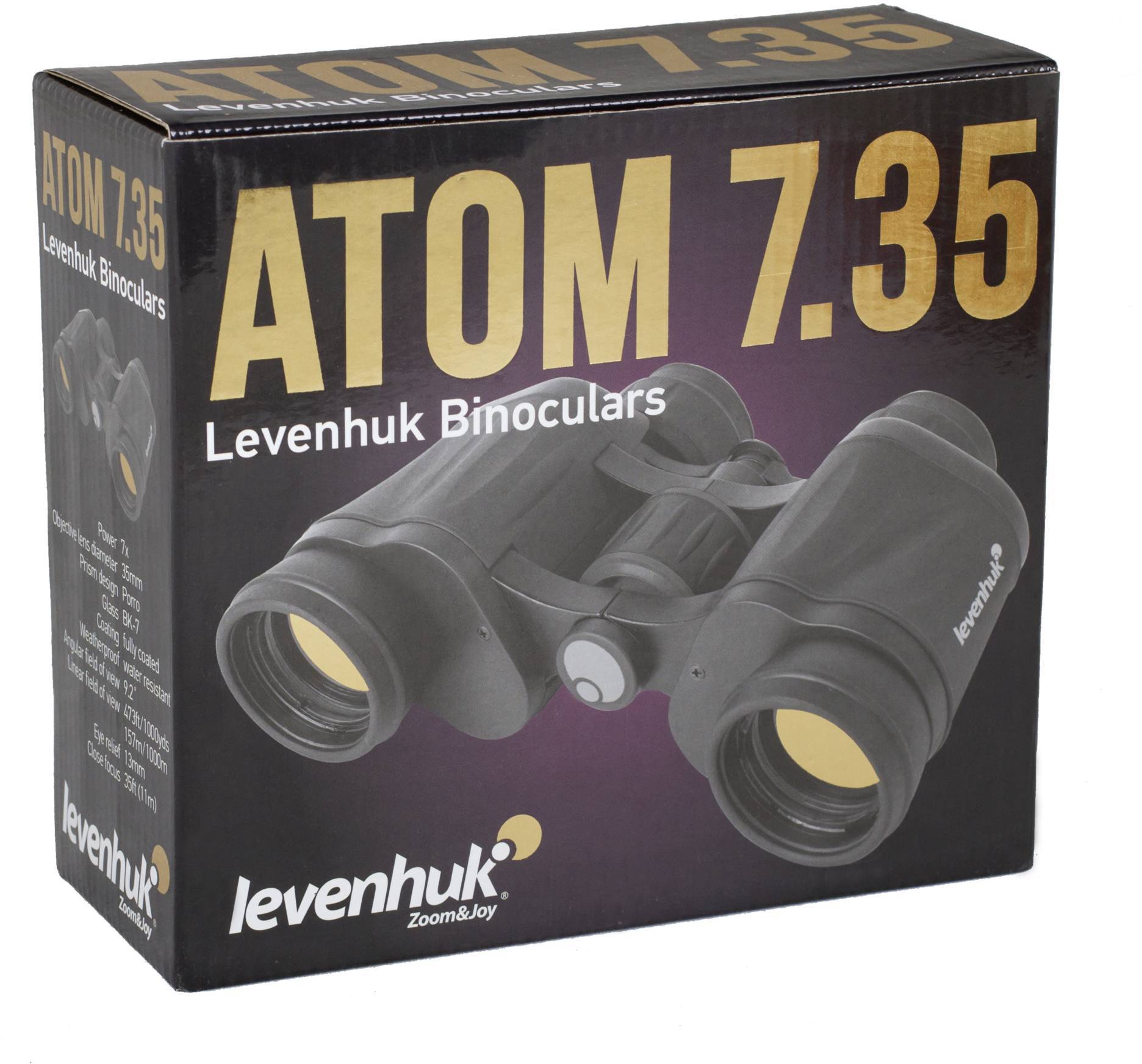Krabice od dalekohledu s nápisem 'ATOM 7.35 Levenhuk Binoculars'. Na obalu je zobrazen obrázek dalekohledu.
