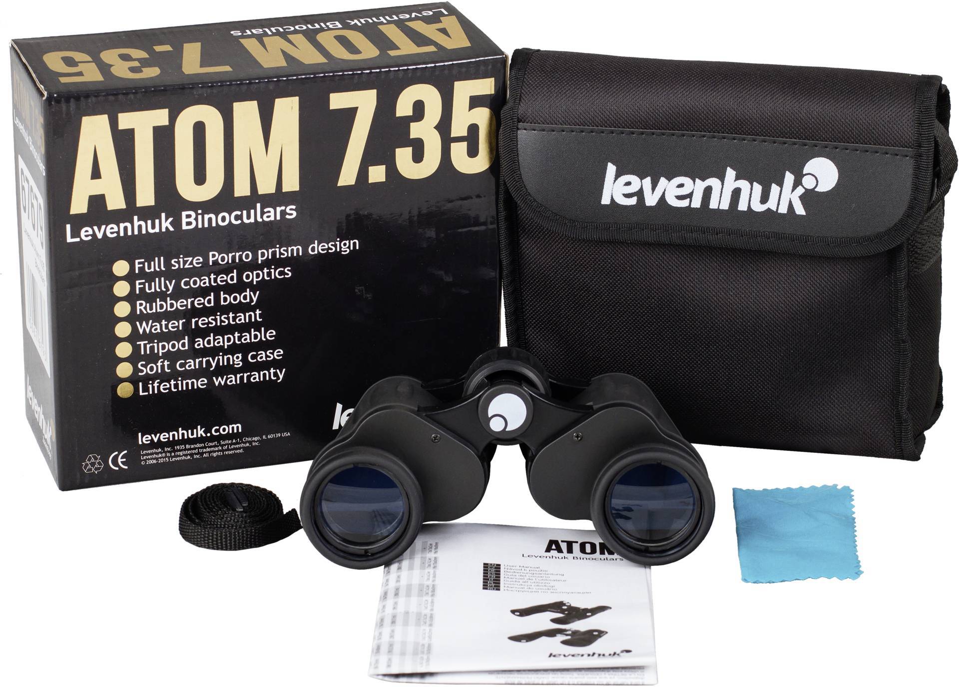 Dalekohled Levenhuk Atom 7x35 v kartonu s pouzdrem, čisticí utěrkou a návodem k použití.
