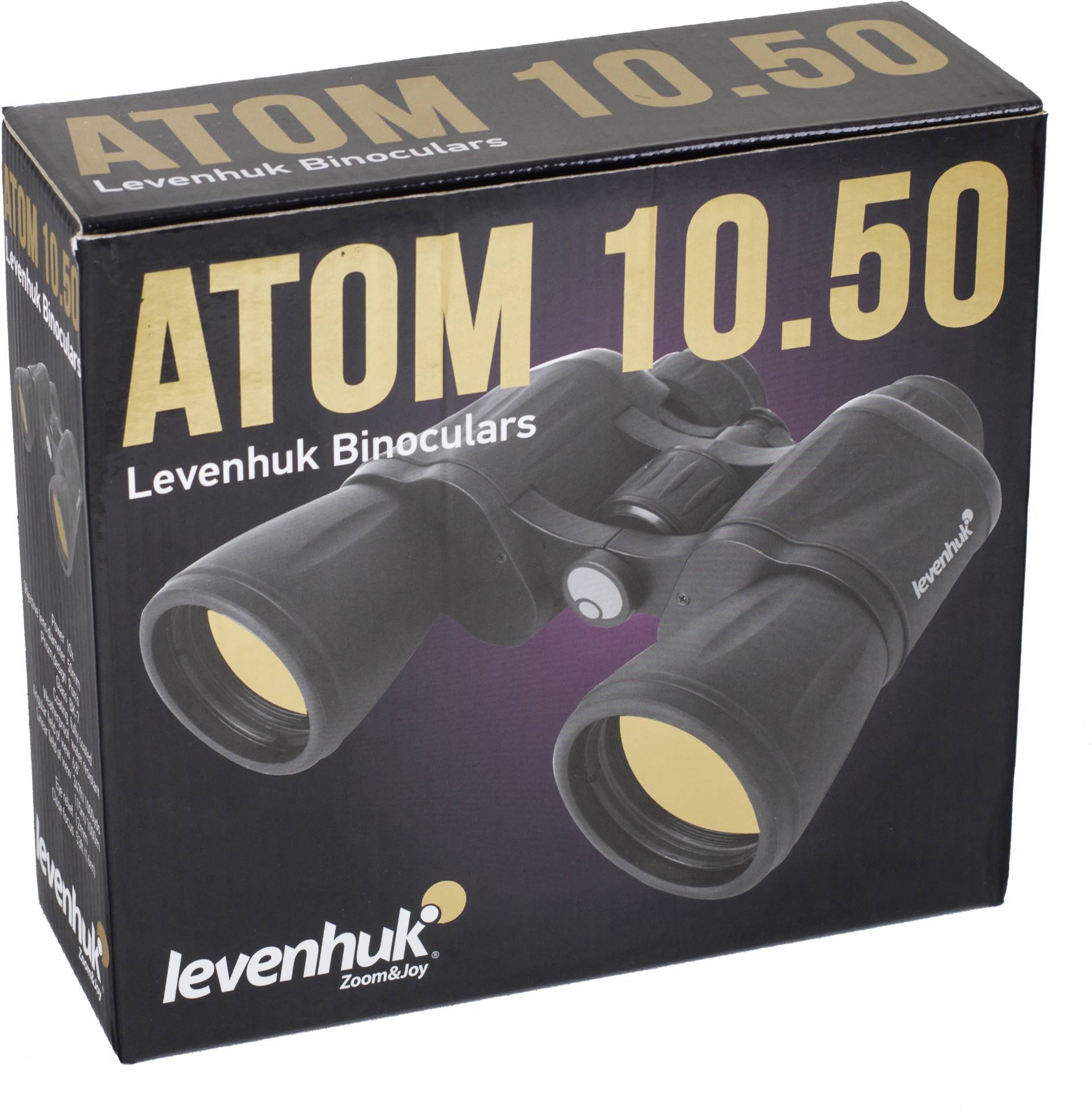Obal dalekohledu značky Levenhuk Atom 10.50, zobrazující obrázek dalekohledu a název značky žlutým písmem.