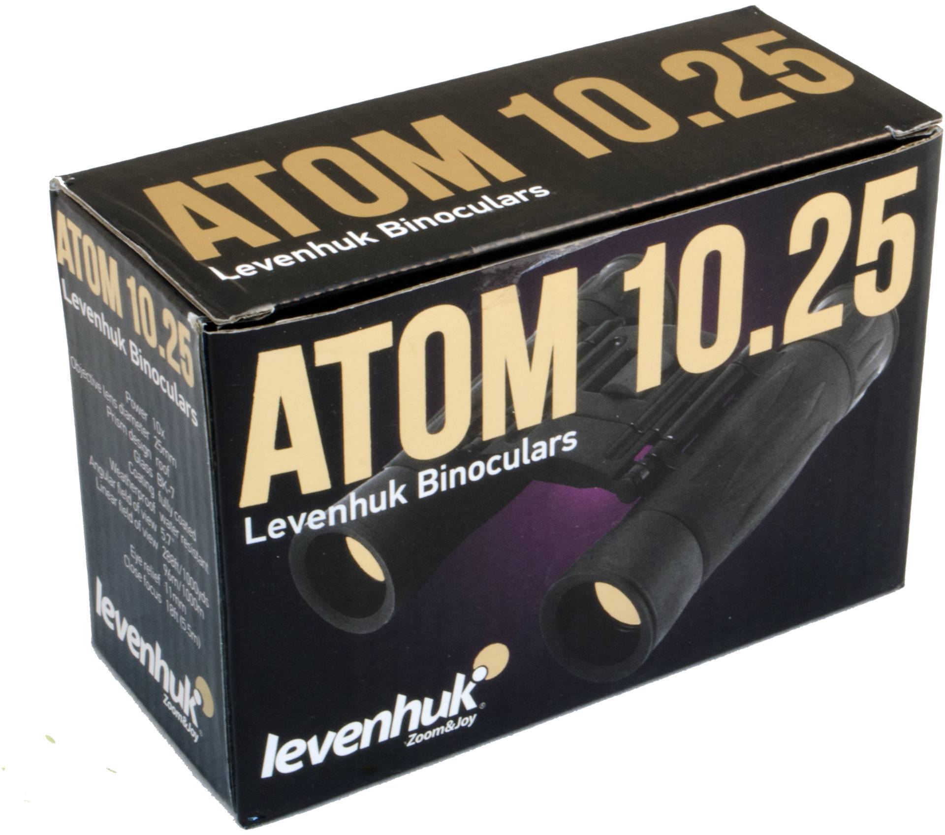 Krabice od dalekohledu s nápisem 'ATOM 10.25 Levenhuk Binoculars'. Na obalu je vyobrazen černý dalekohled.