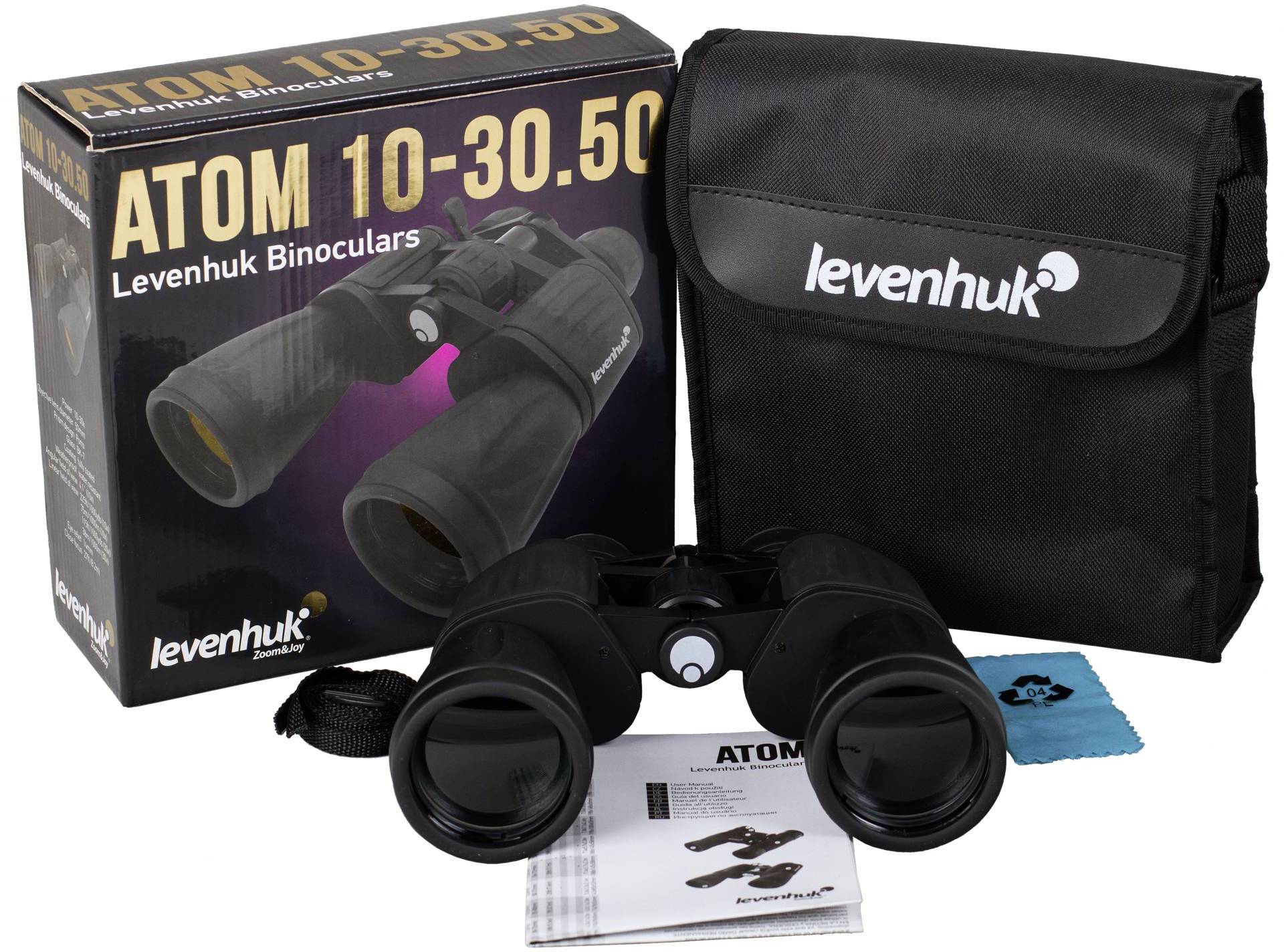 Sada dalekohledu s obalem, model 'Levenhuk Atom 10-30x50', obsahuje dalekohled, ochranný obal, příručku a čisticí hadřík.