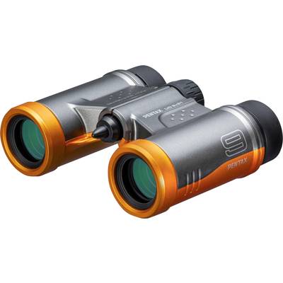 Oranžovo-stříbrný dalekohled s nápisem 'PENTAX 9'. Kompaktní design, vhodný pro venkovní aktivity.