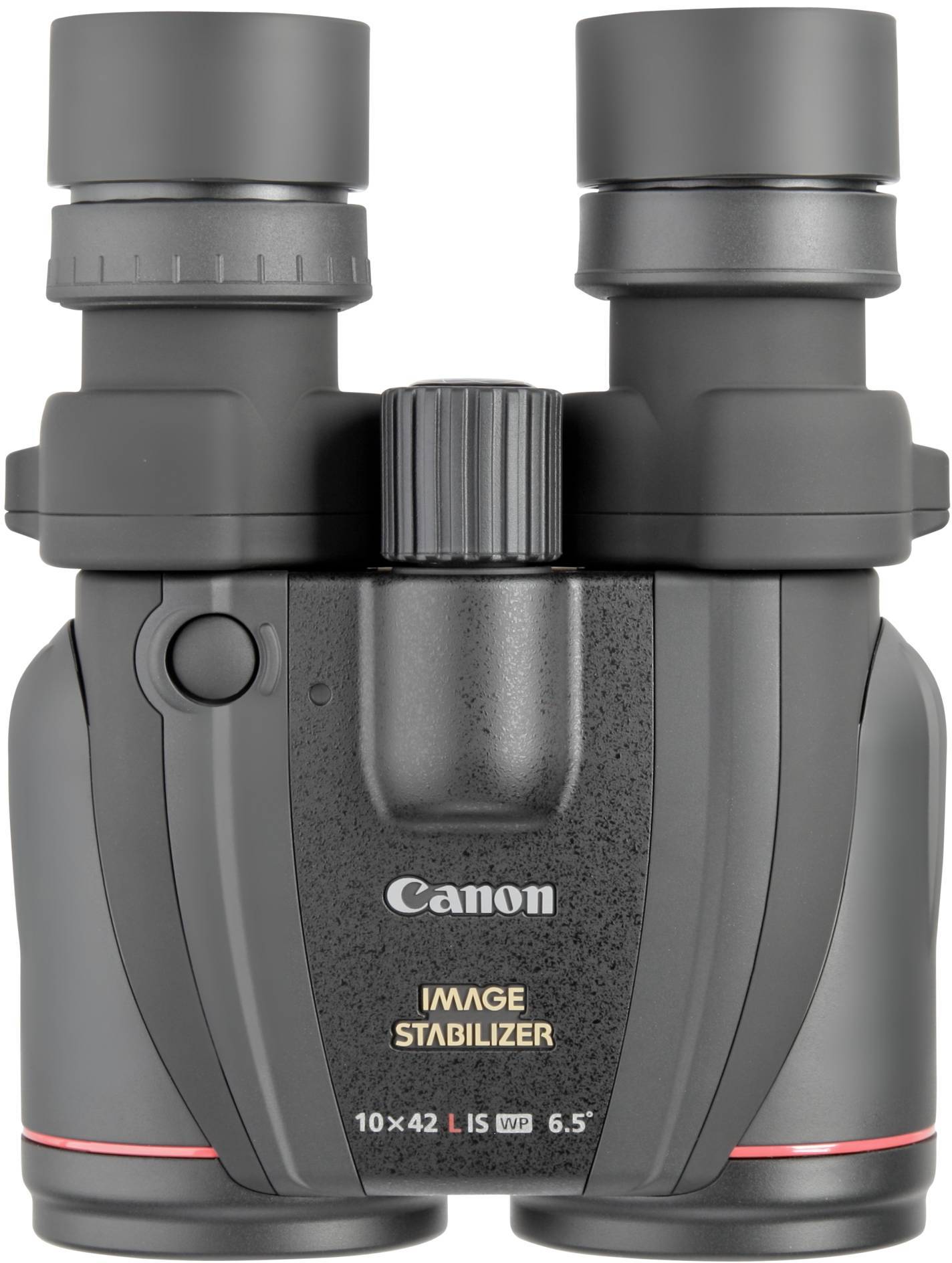 Dalekohled s obrazovou stabilizací, model 'Canon 10x42L IS WP', v černém designu s červeným prstencem kolem objektivů.
