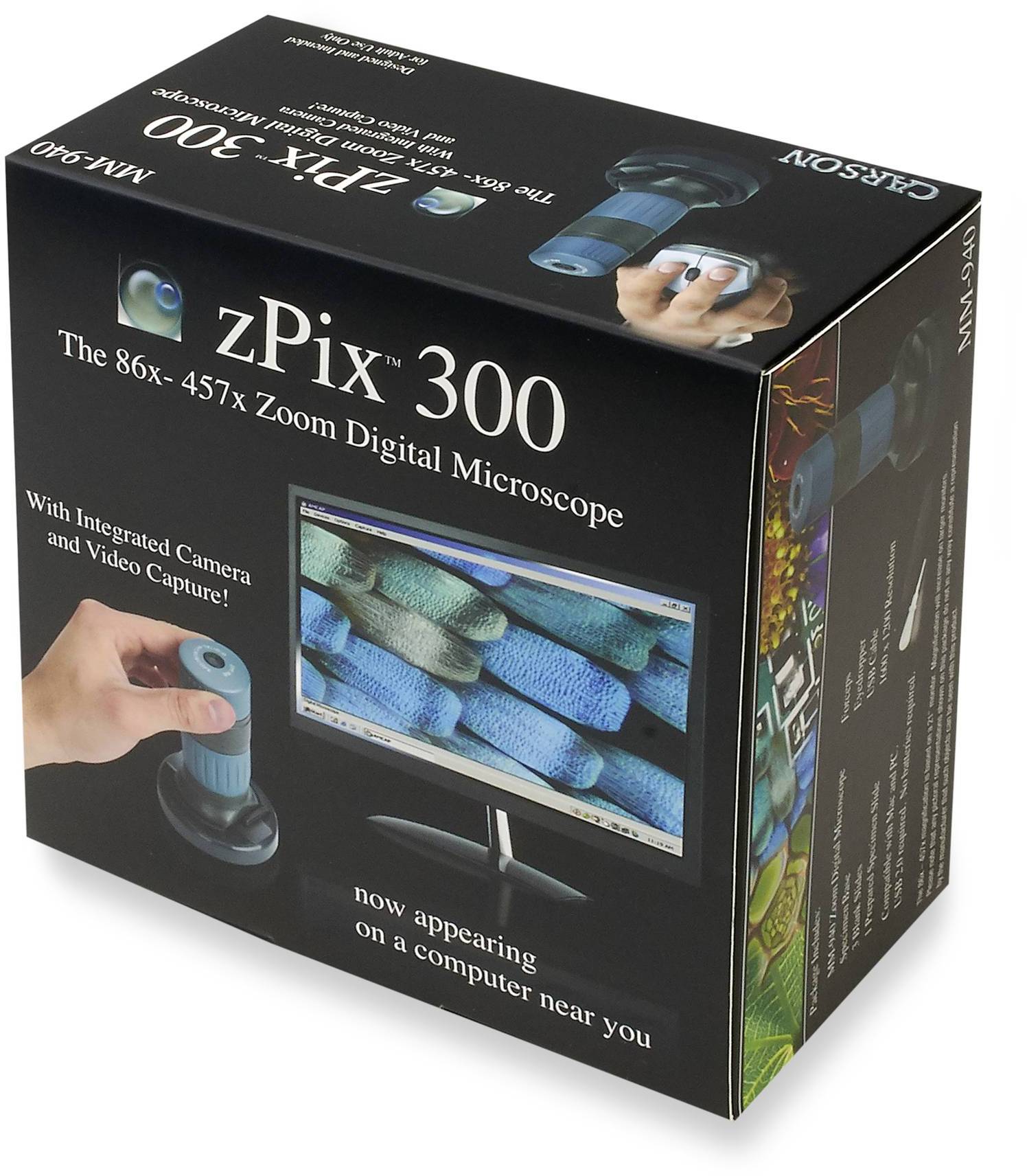 Balení digitálního mikroskopu 'zPix 300' se zvětšením 86x až 457x, s integrovanou kamerou a možností videonahrávání, zobrazující obraz na monitoru.