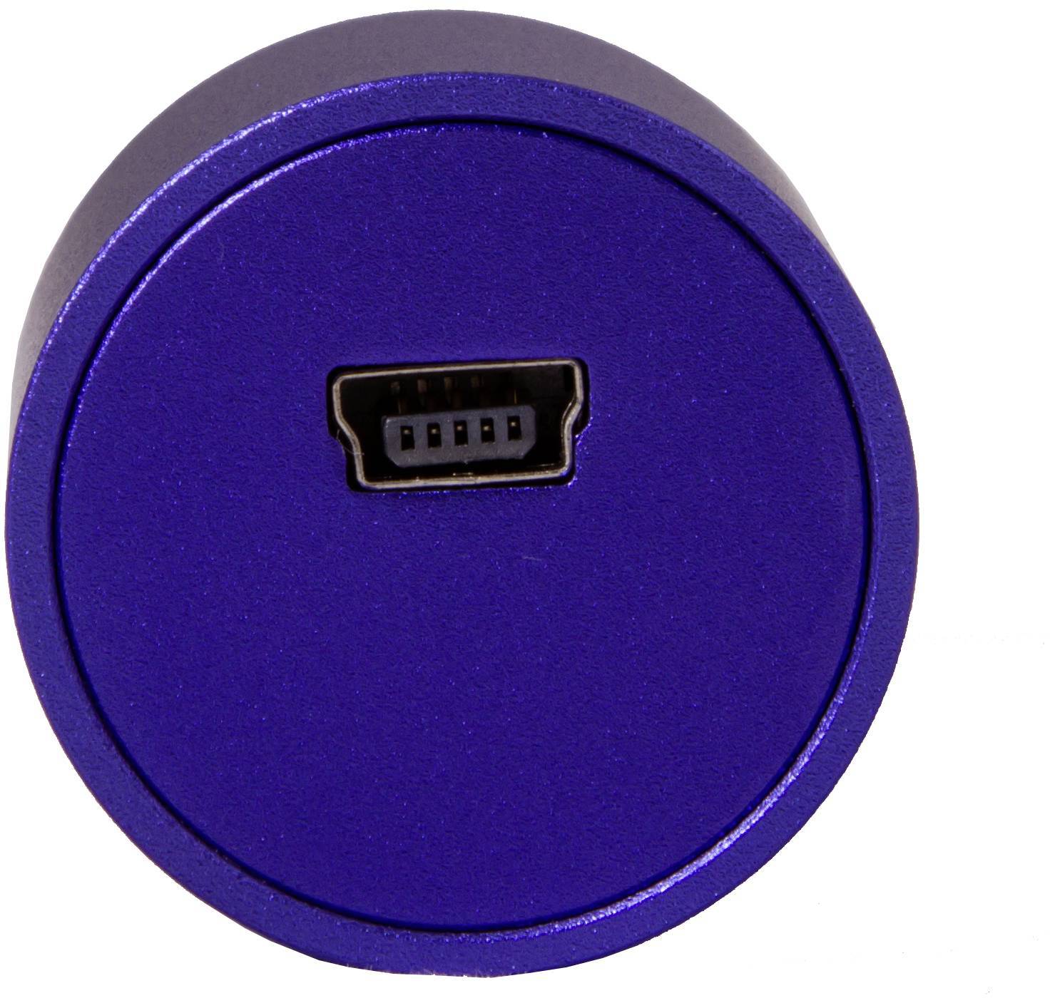 Kulaté modré zařízení s mini-USB konektorem uprostřed, pravděpodobně nabíjecí nebo datový přenosový přístroj.