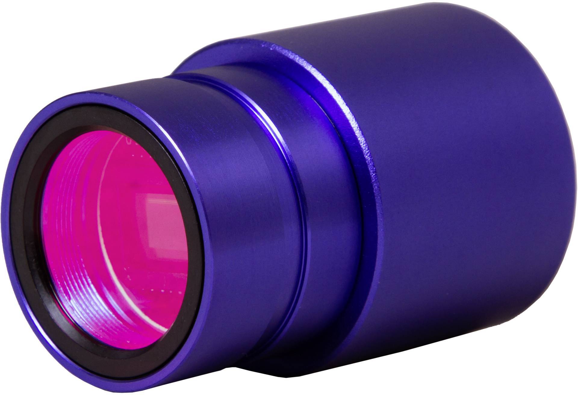 Kovový, modrý válcovitý předmět s jasně růžovo-žlutým vnitřkem, pravděpodobně objektiv fotoaparátu nebo optické zařízení.