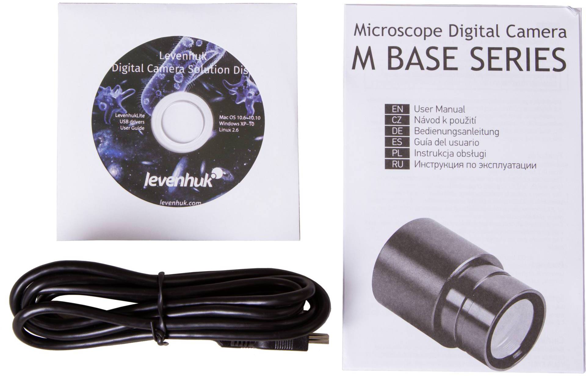 Digitální mikroskopická kamera série M BASE s obalem a příslušenstvím: návod k obsluze, instalační CD a USB kabel.