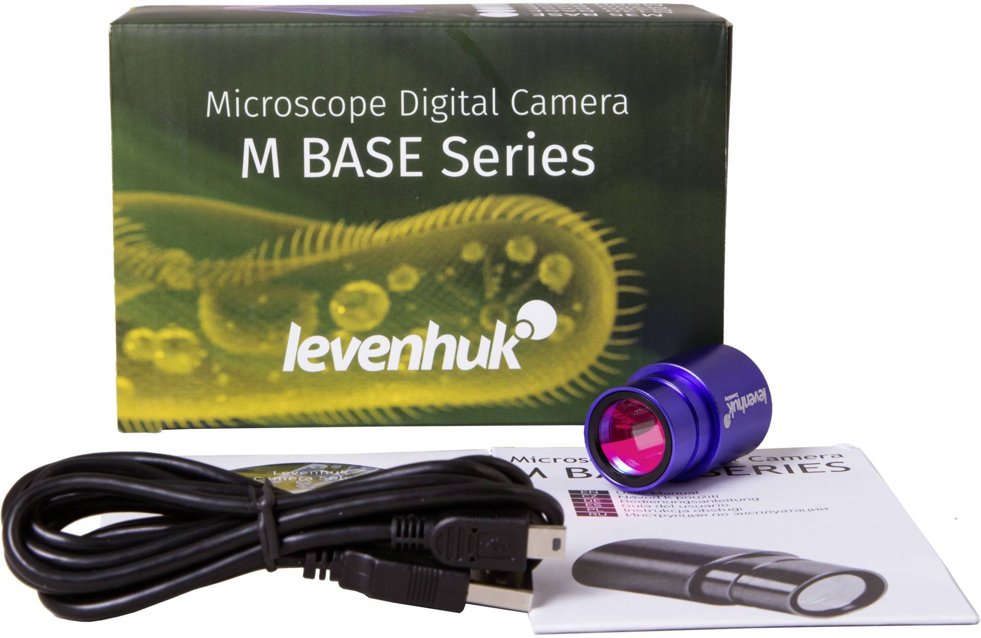Digitální mikroskopická kamera série M BASE od Levenhuku s kabelem a návodem k použití před balením s obrázkem buňky.