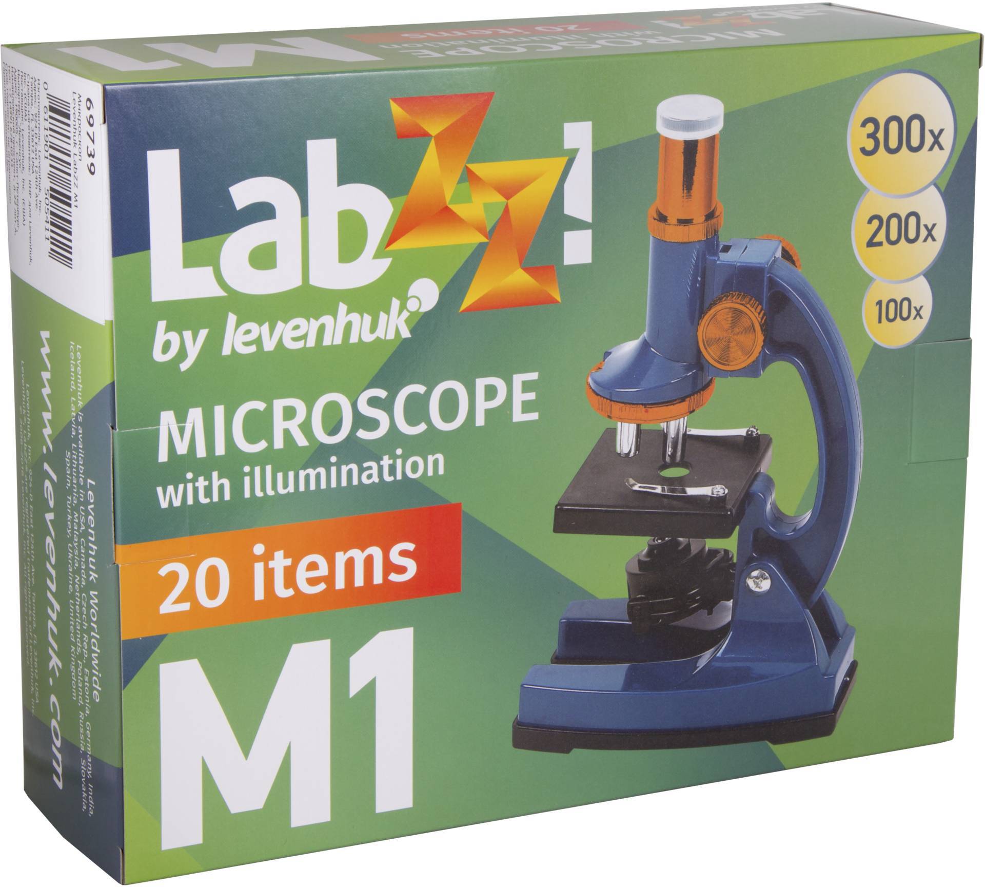 Balení mikroskopu Levenhuk LabZZ M1, znázorněné modrým mikroskopem a zvětšeními 300x, 200x, 100x. Obsahuje 20 dílů.