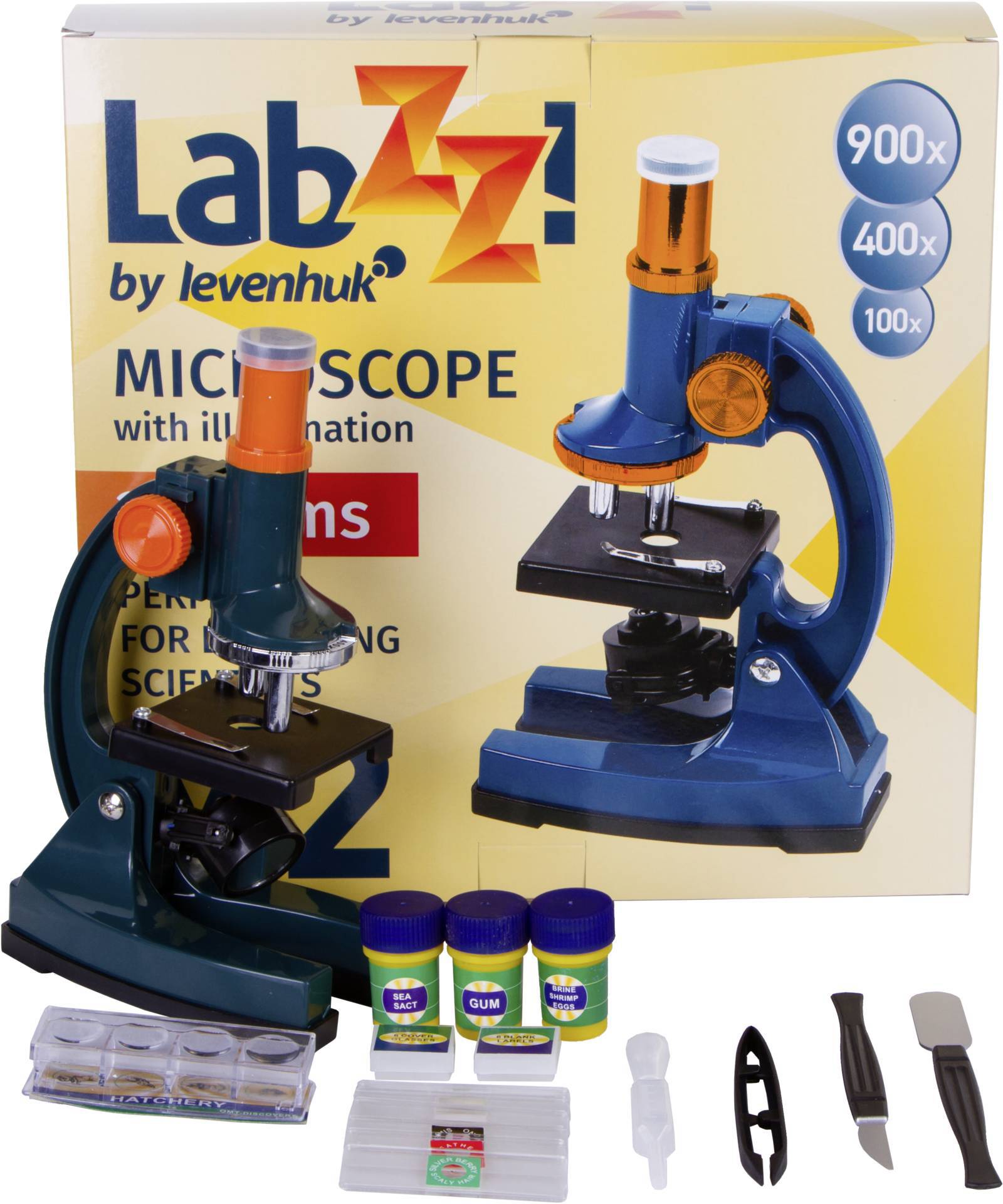 Mikroskop-Kit 'LabZZ' od Levenhuk v sadě, včetně dvou mikroskopů, preparátů a příslušenství, vhodný pro mladé vědce.