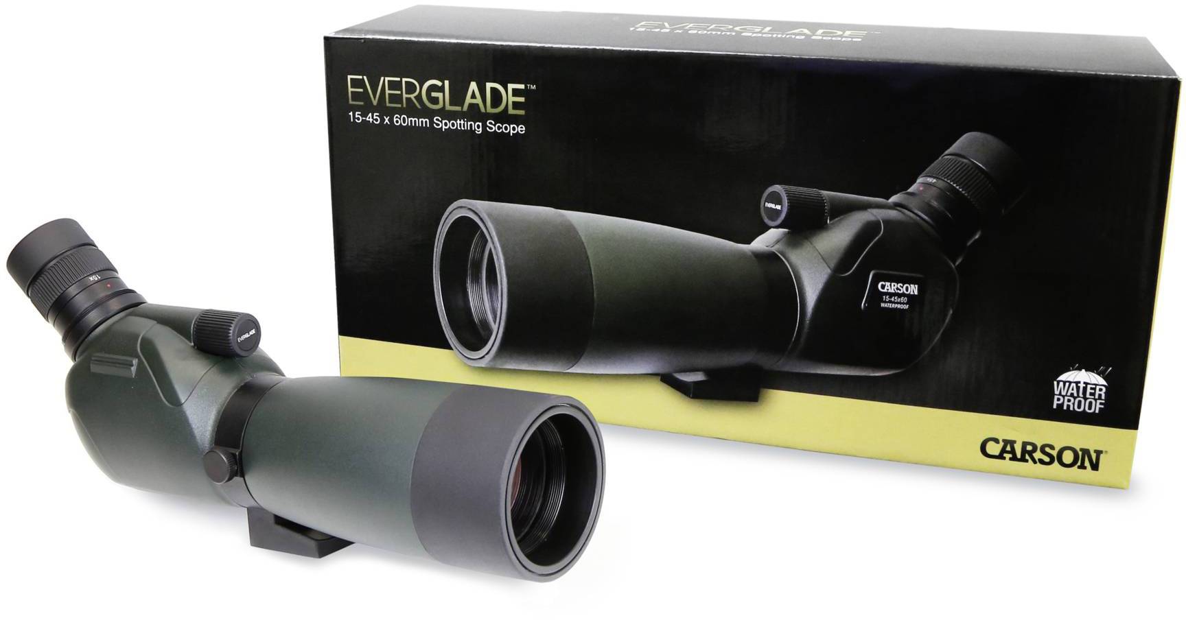 Zelený dalekohled se zvětšením 15-45x, vedle něj příslušná krabice s nápisem 'EVERGLADE 15-45x60mm'.