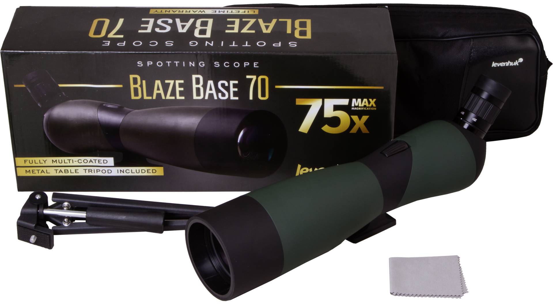 Dalekohled 'Blaze Base 70' se stativem a čisticí utěrkou, maximální zvětšení 75×, v černém přenosném pouzdře.