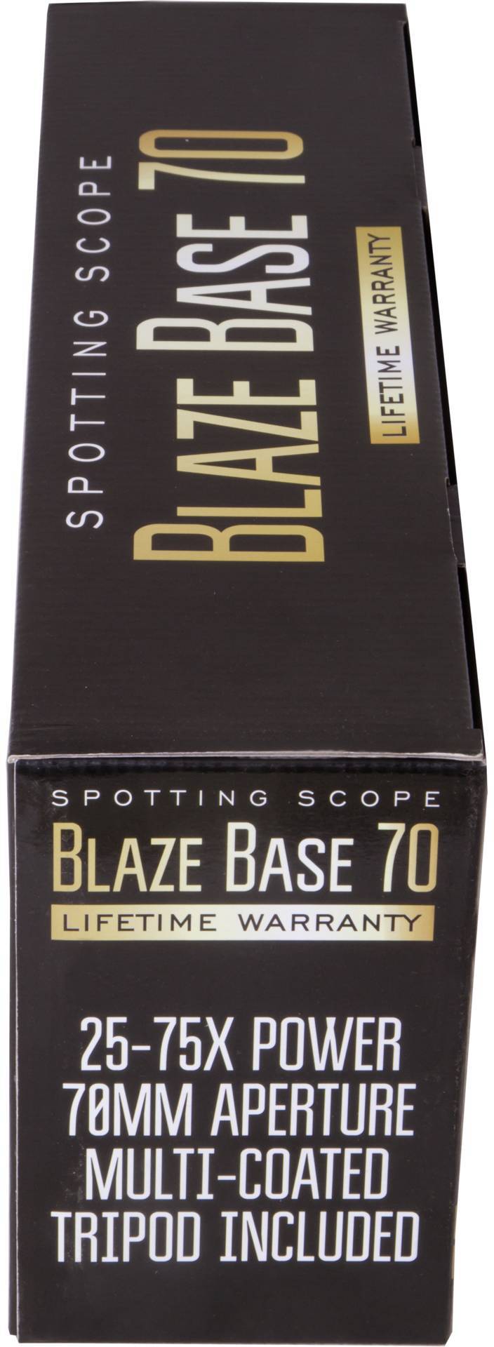 Černý obal dalekohledu s nápisem 'Blaze Base 70', zvětšení 25-75x, průměr čočky 70 mm, včetně stativu, celoživotní záruka.