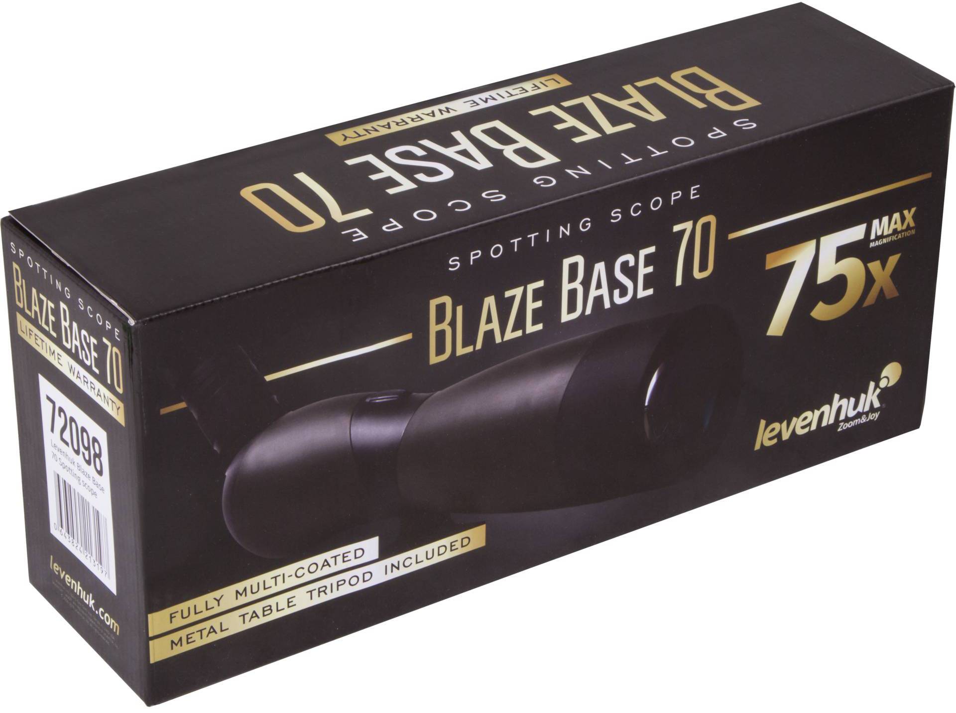 Obal pro pozorovací dalekohled 'Blaze Base 70' se 75násobným zvětšením. Obsahuje plně potažené sklo a kovový stolní stativ.