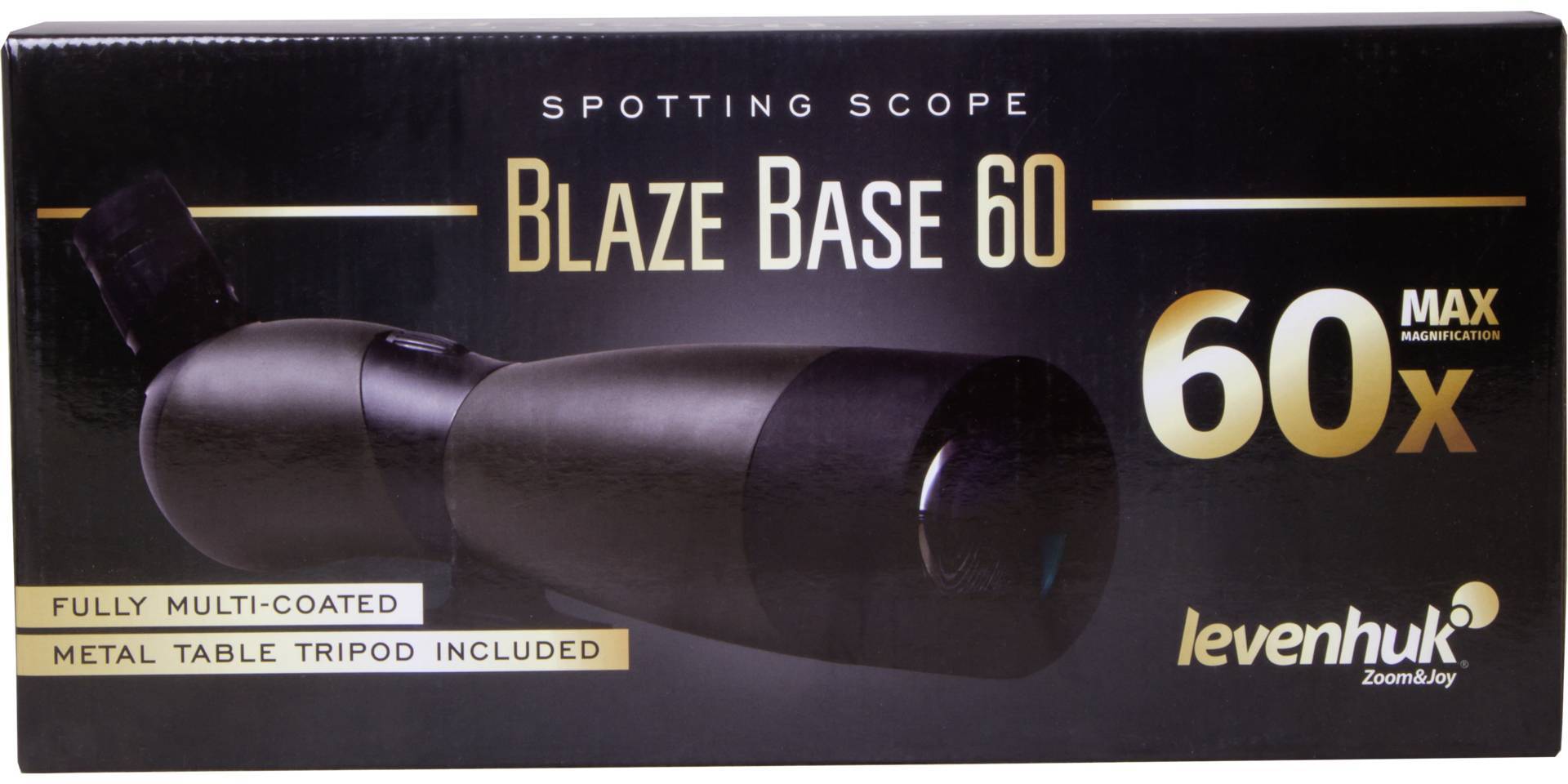 'Blaze Base 60' spektiv balení se 60násobným zvětšením. Obsahuje plně vybavený spektiv a kovový stolní stativ.