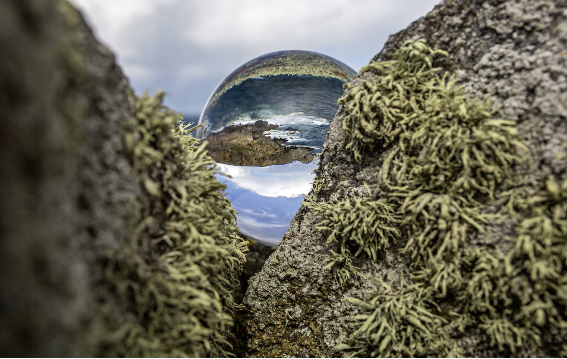 Skleněná koule na skále odráží oceán a oblohu v pozadí, obklopená mechem porostlými kameny.