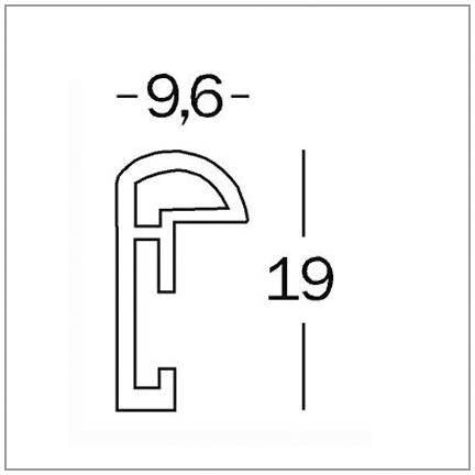 Příčný řez profilu, rozměry: šířka 9,6 mm, výška 19 mm.