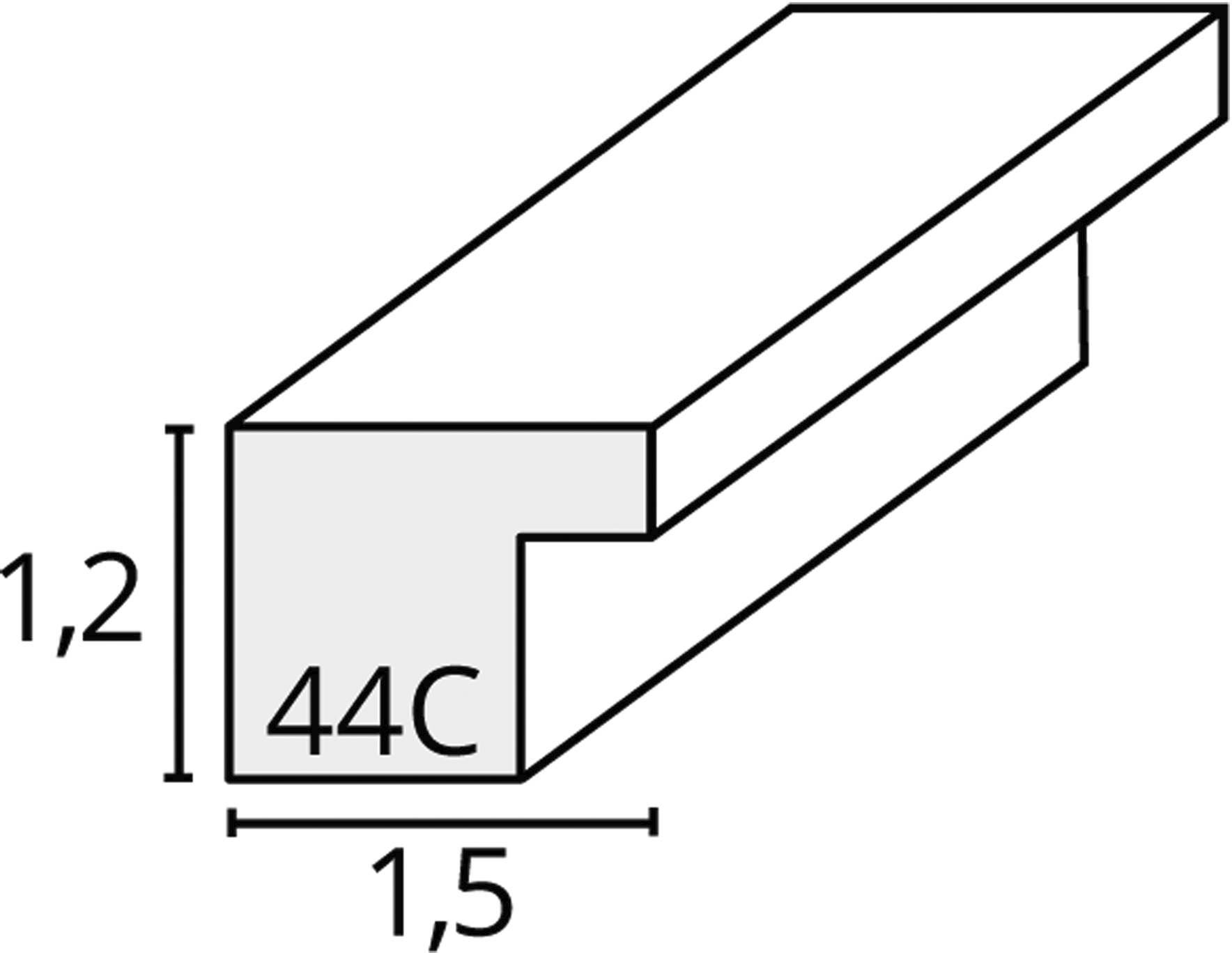 Diagram dřevěného profilu s označením '44C'. Rozměry: výška 1,2 cm, šířka 1,5 cm.