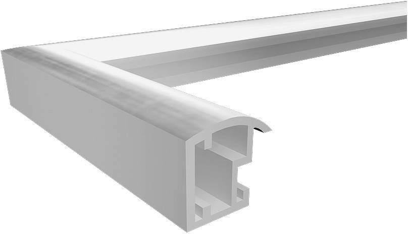 Rendering L-tvarového hliníkového profilu se zaoblenými rohy. Vhodné pro upevňovací nebo konstrukční účely.