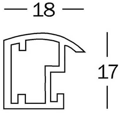 Příčný řez obdélníkovým hliníkovým profilem s rozměry: šířka 18 mm, výška 17 mm. Profil má zaobbenou horní hranu.