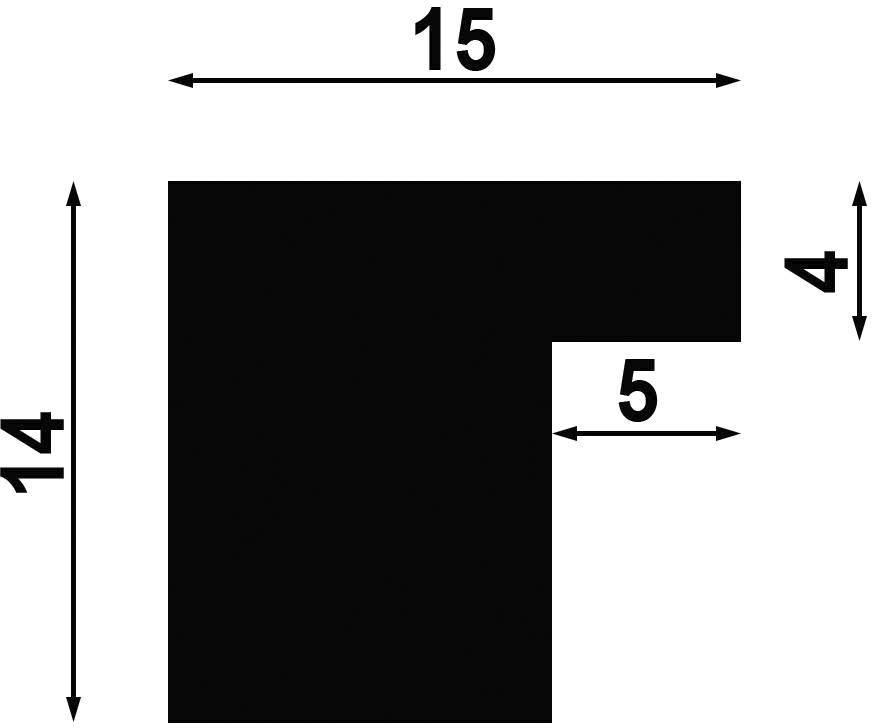 Černý L-tvarový čtverec. Horní strana měří 15 jednotek, levá 14, horní výřez 5 jednotek, boční výřez 4.