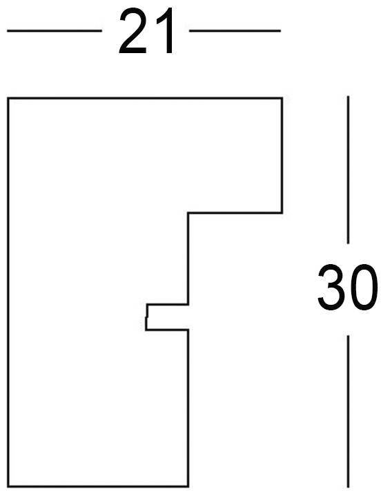 Abstraktní geometrický tvar s rozměry šířky 21 cm a výšky 30 cm zobrazuje obdélníkový obrys s prohlubní.