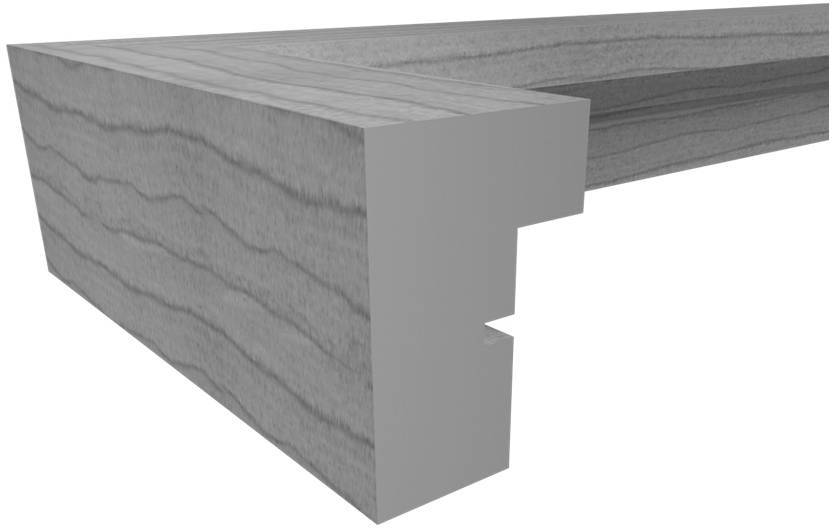 Dřevěný rohový spoj ukazuje čepový a drážkový profil, zobrazený v 3D modelu, který zvýrazňuje detaily struktury.
