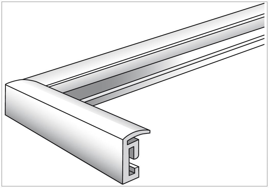 Bílý hliníkový rám ve tvaru L v příčném řezu, vhodný pro uchycení deskovitého materiálu, je zobrazen diagonálně z pravého dolního rohu do levého horního rohu.